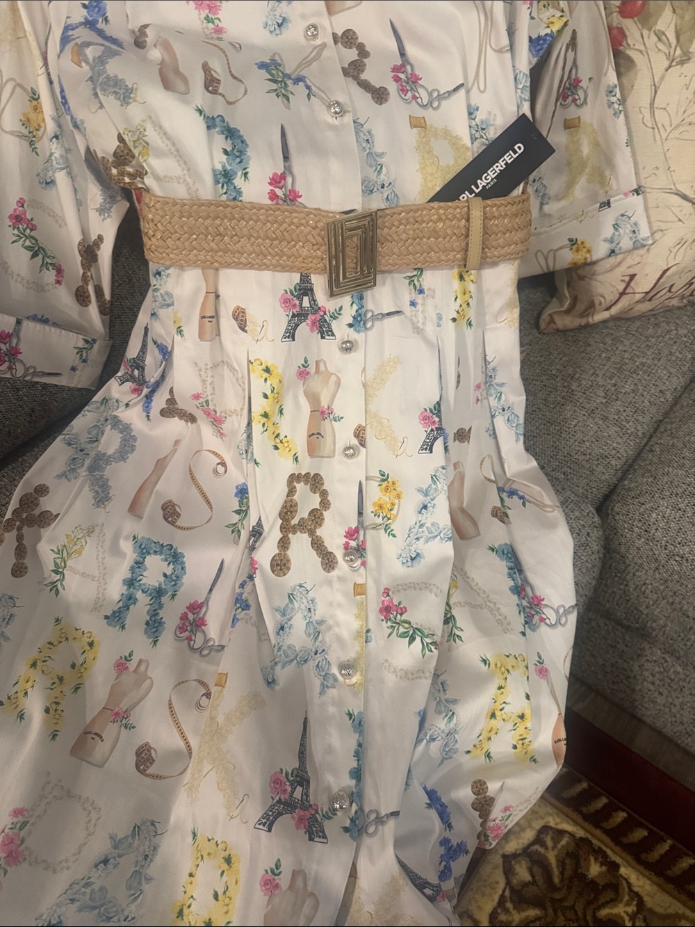 Karl Lagerfeld Cream Floral & Travel Motif Shirt Dress with Raffia Belt - Picture 5 of 12